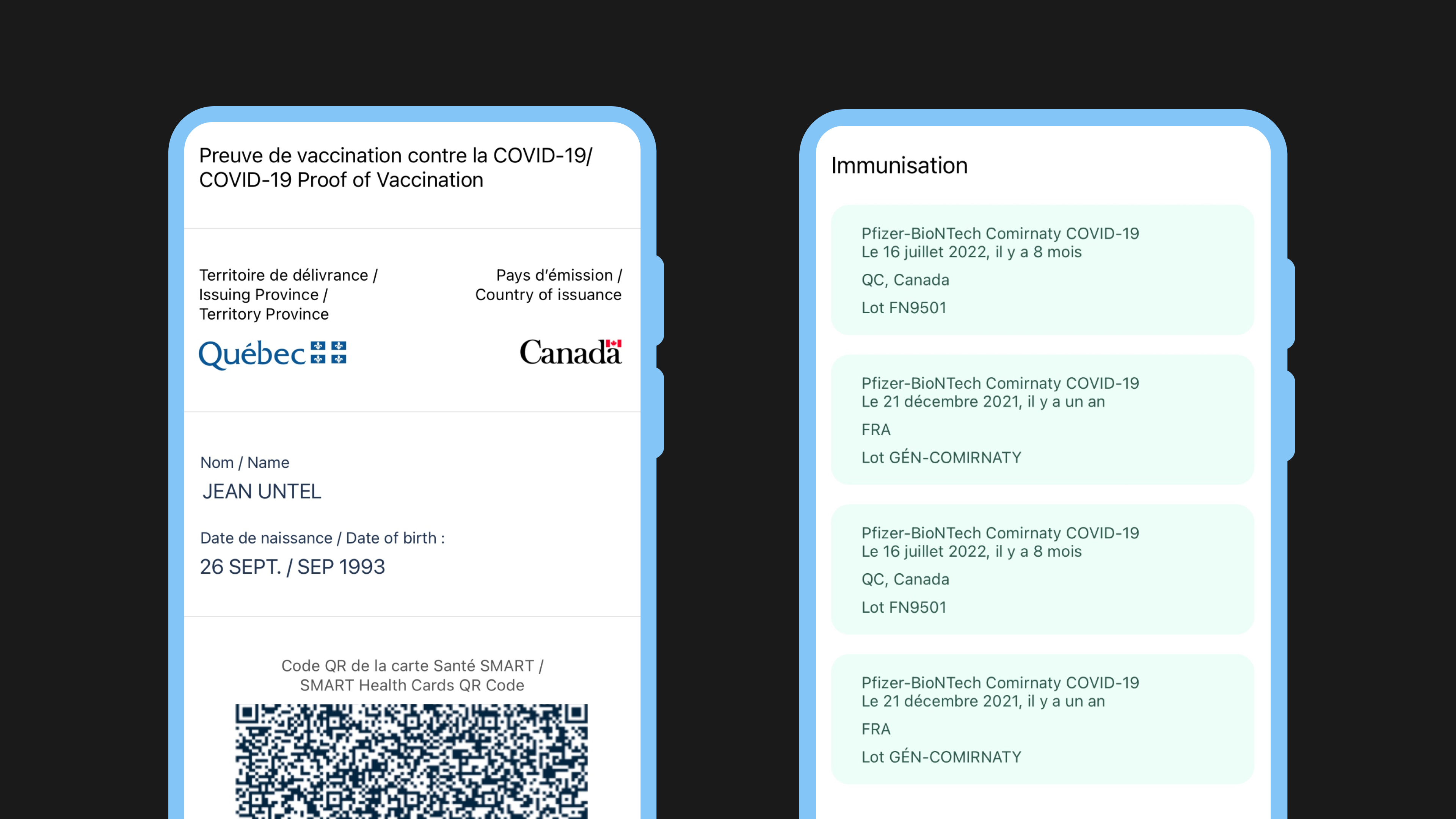 Deux appareils mobiles montrant la preuve de vaccination contre la COVID-19 du Canada (gauche) et le détail des événements de vaccination contre la COVID-19 enregistrés sur la preuve (droite)